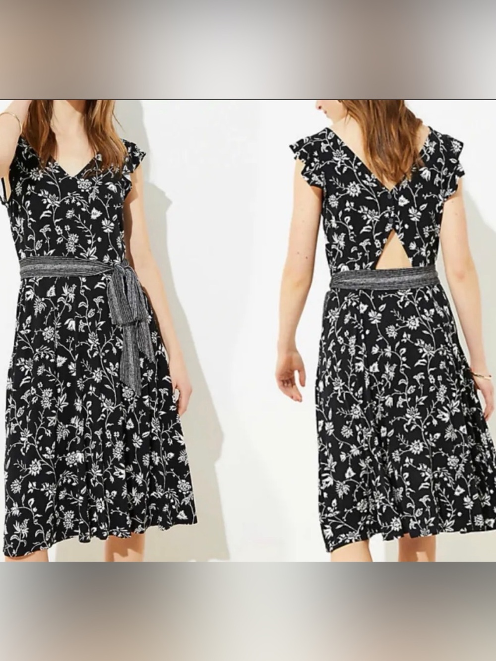 Black & Ehite Floral V-Neck A-Line Dress with Waist Tie